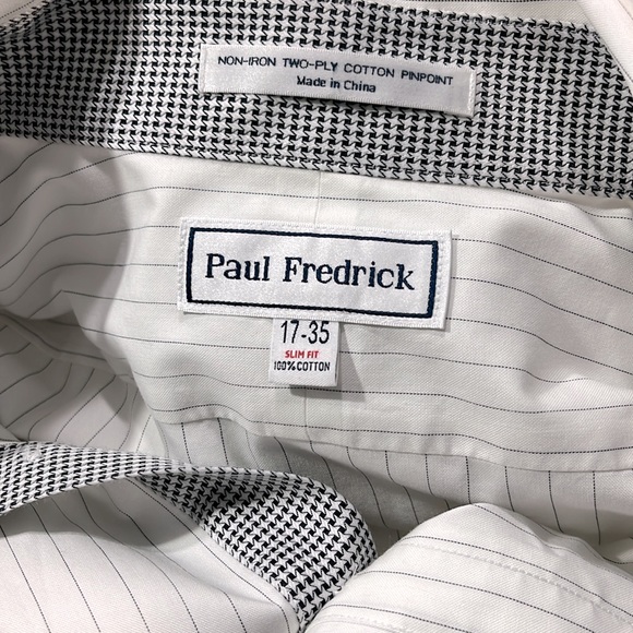 PAUL FREDRICK Men's Slim Fit Non Iron Button Down Dress Shirt Wh w Blk Stripe-17 - Picture 4 of 4